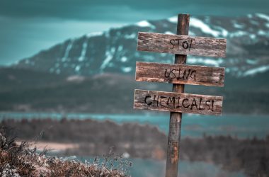 stop using chemicals text quote engraved on wooden signpost outd